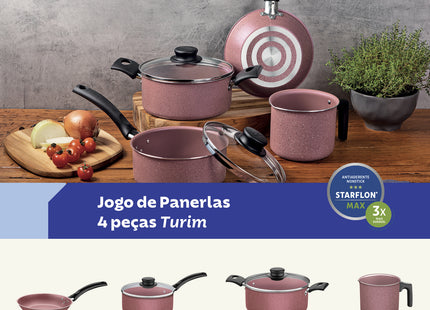 Batería de Cocina Tramontina Turim en Aluminio con Revestimiento Interno y Externo en Antiadherente Starflon Max Rosa 04 Piezas