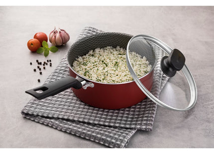 Olla Tramontina Loreto en Aluminio con Revestimiento Interno y Externo Antiadherente Starflon Max Mango Baquelita y Tapa de Vidrio 18 cm 2.0 L Rojo