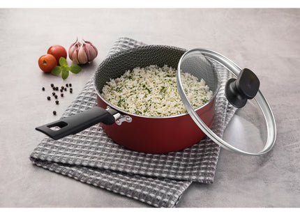 Olla Tramontina Loreto en Aluminio con Revestimiento Interno y Externo Antiadherente Starflon Max Mango Baquelita y Tapa de Vidrio 18 cm 2.0 L Rojo