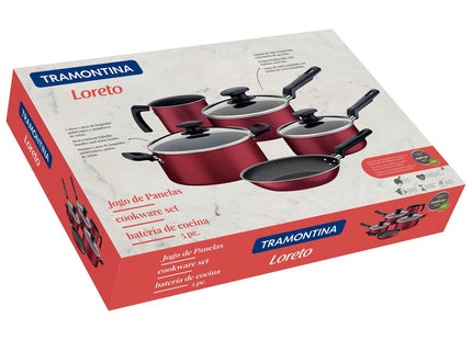 Batería de Cocina Tramontina Loreto en Aluminio con Revestimiento Interno y Externo Antiadherente Starflon Max con Mangos y Asas Rojo 5 Piezas