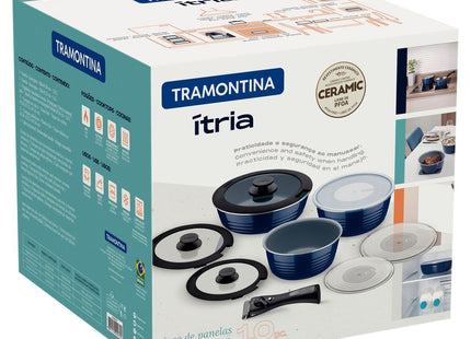 Batería de Cocina Multiuso Tramontina Itria en Aluminio con Revestimiento Cerámico y Mango Removible Azul 10 Piezas