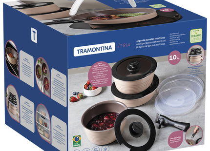 Batería de Cocina Multiuso Tramontina Itria en Aluminio con Revestimiento Cerámico y Mango Desmontable Marfil 10 Piezas