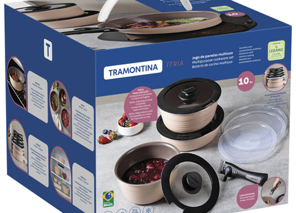 Batería de Cocina Multiuso Tramontina Itria en Aluminio con Revestimiento Cerámico y Mango Desmontable Marfil 10 Piezas