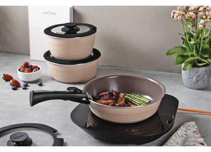 Batería de Cocina Multiuso Tramontina Itria en Aluminio con Revestimiento Cerámico y Mango Desmontable Marfil 10 Piezas