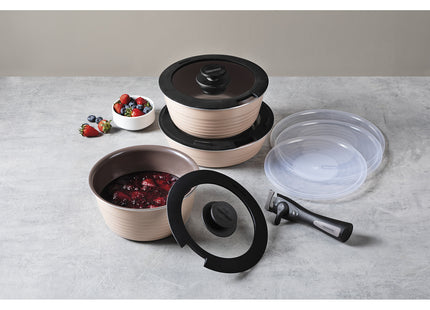Batería de Cocina Multiuso Tramontina Itria en Aluminio con Revestimiento Cerámico y Mango Desmontable Marfil 10 Piezas