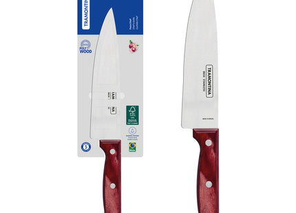 Cuchillo Chef Tramontina Polywood con Lámina de Acero Inoxidable y Mango de Madera Tratada Rojo 7"