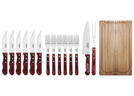 Kit para Asado Tramontina con Láminas de Acero Inoxidable y Mangos de Madera Polywood Rojo con Caja de Cartón 15 Piezas