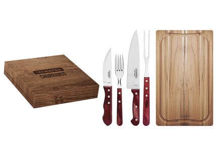 Kit para Asado Tramontina con Láminas de Acero Inoxidable y Mangos de Madera Polywood Rojo con Caja de Cartón 15 Piezas