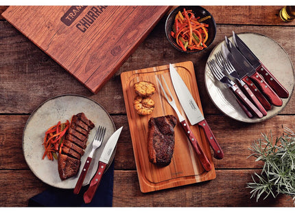 Kit para Asado Tramontina con Láminas de Acero Inoxidable y Mangos de Madera Polywood Rojo con Caja de Cartón 15 Piezas