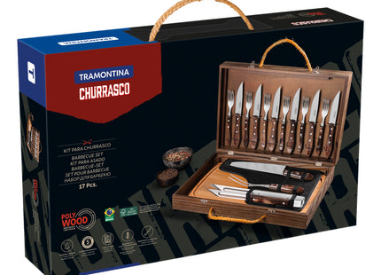 Kit para asado Tramontina con Cubiertos Jumbo de Acero Inoxidable, Mango Castaño Polywood con Tabla y Estuche de Madera, 17 piezas.