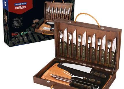 Kit para asado Tramontina con Cubiertos Jumbo de Acero Inoxidable, Mango Castaño Polywood con Tabla y Estuche de Madera, 17 piezas.