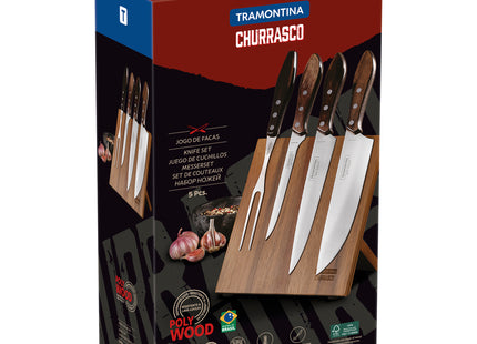 Juego para Asado Tramontina con Láminas de Acero Inoxidable y Mangos de Madera Polywood Castaño 5 Piezas