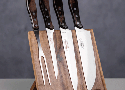 Juego para Asado Tramontina con Láminas de Acero Inoxidable y Mangos de Madera Polywood Castaño 5 Piezas