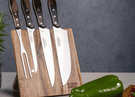 Juego para Asado Tramontina con Láminas de Acero Inoxidable y Mangos de Madera Polywood Castaño 5 Piezas