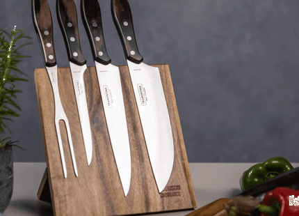 Juego para Asado Tramontina con Láminas de Acero Inoxidable y Mangos de Madera Polywood Castaño 5 Piezas