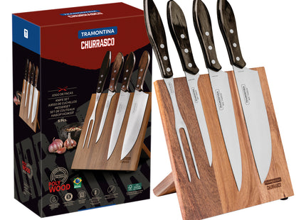 Juego para Asado Tramontina con Láminas de Acero Inoxidable y Mangos de Madera Polywood Castaño 5 Piezas