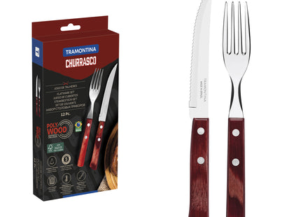 Juego de Cubiertos para Asado Tramontina con Lâminas de Acero Inoxidable y Mangos de Madera Tratada Polywood Rojo 12 piezas.