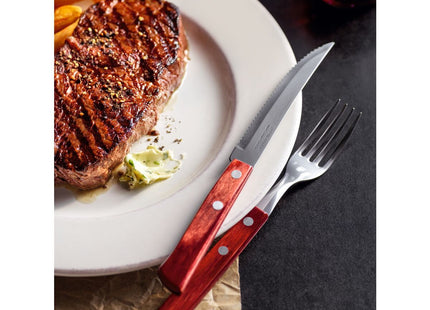Juego de cubiertos para asado Tramontina de acero inoxidable con mango castaño Polywood, 12 piezas.
