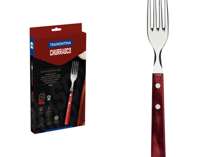 Conjunto de Tenedores Jumbo para Asado Tramontina de Acero Inoxidable y Mango Rojo Polywood, 4 piezas.