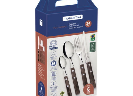Juego de cubiertos Tramontina Polywood con Láminas de Acero Inoxidable y Mangos de Madera Tratada Castaño 24 Piezas