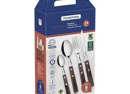 Juego de cubiertos Tramontina Polywood con Láminas de Acero Inoxidable y Mangos de Madera Tratada Castaño 24 Piezas