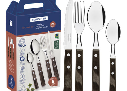 Juego de cubiertos Tramontina Polywood con Láminas de Acero Inoxidable y Mangos de Madera Tratada Castaño 24 Piezas