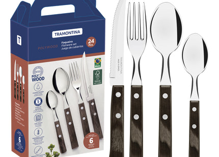 Juego de cubiertos Tramontina Polywood con Láminas de Acero Inoxidable y Mangos de Madera Tratada Castaño 24 Piezas