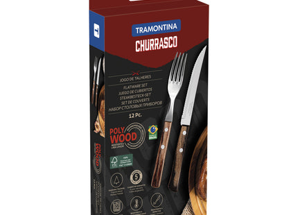 Juego de cubiertos para asado Tramontina de acero inoxidable con mango castaño Polywood, 12 piezas.