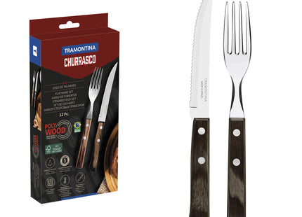 Juego de cubiertos para asado Tramontina de acero inoxidable con mango castaño Polywood, 12 piezas.