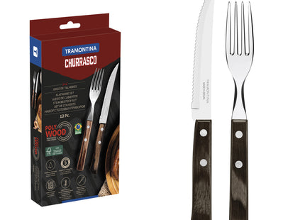 Juego de cubiertos para asado Tramontina de acero inoxidable con mango castaño Polywood, 12 piezas.