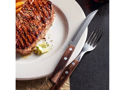 Juego de cubiertos para asado Tramontina de acero inoxidable con mango castaño Polywood, 12 piezas.