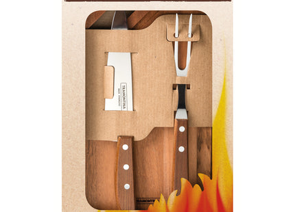 Kit para Asado Tramontina con Láminas de Acero Inoxidable y Mangos de Madera Natural, con Tabla de Madera, 3 piezas.