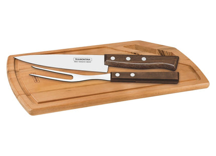 Kit para Asado Tramontina con Láminas de Acero Inoxidable y Mangos de Madera Natural, con Tabla de Madera, 3 piezas.