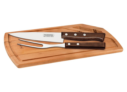 Kit para Asado Tramontina con Láminas de Acero Inoxidable y Mangos de Madera Natural, con Tabla de Madera, 3 piezas.