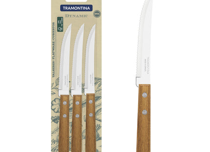 Juego de Cuchillos para Asado y Frutas Tramontina Dynamic con Láminas de Acero Inoxidable y Mangos de Madera Natural 03 Piezas