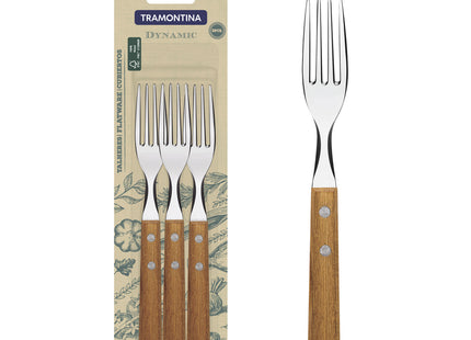 Juego de Tenedores de Mesa Tramontina Dynamic con Láminas en Acero Inoxidable y Mangos de Madera Natural 03 Piezas