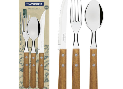 Juego de Cubiertos Tramontina Dynamic con Láminas en Acero Inoxidable y Mangos de Madera Natural 03 Piezas