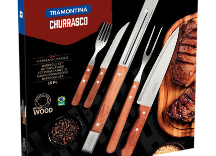 Kit para Asado Tramontina con lámina de Acero Inoxidable y Mangos de Madera Natural, 15 piezas.