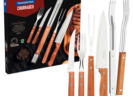 Kit para Asado Tramontina con lámina de Acero Inoxidable y Mangos de Madera Natural, 15 piezas.