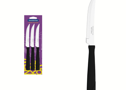 Juego de Cuchillos para Asado Tramontina New Kolor con Láminas de Acero Inoxidable y Mangos de Polipropileno Negro 3 Piezas