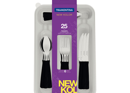 Juego de Cubiertos Tramontina New Kolor con Láminas de Acero Inoxidable y Mangos de Polipropileno Negro con Cubiertera 25 Piezas