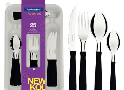 Juego de Cubiertos Tramontina New Kolor con Láminas de Acero Inoxidable y Mangos de Polipropileno Negro con Cubiertera 25 Piezas