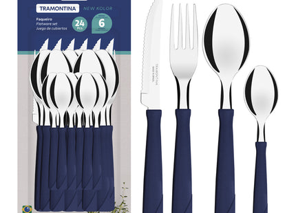 Juego de Cubiertos Tramontina New Kolor con Láminas de Acero Inoxidable y Mangos de Polipropileno Azul 24 Piezas
