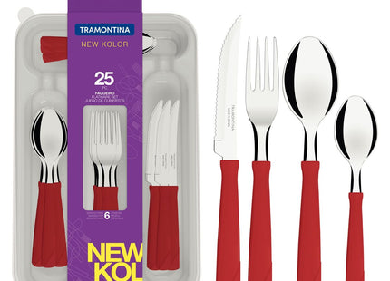 Juego de Cubiertos Tramontina New Kolor con Láminas de Acero Inoxidable y Mangos de Polipropileno Rojo con Cubiertera 25 Piezas