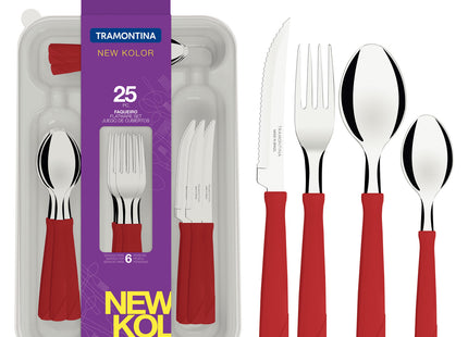 Juego de Cubiertos Tramontina New Kolor con Láminas de Acero Inoxidable y Mangos de Polipropileno Rojo con Cubiertera 25 Piezas