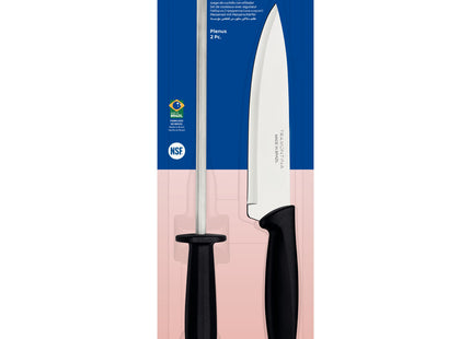 Juego de Cuchillo con Afilador Tramontina Plenus con Láminas en Acero Inoxidable y Mangos de Polipropileno Negro 2 Piezas
