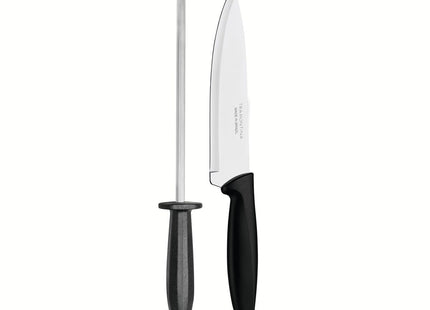 Juego de Cuchillo con Afilador Tramontina Plenus con Láminas en Acero Inoxidable y Mangos de Polipropileno Negro 2 Piezas