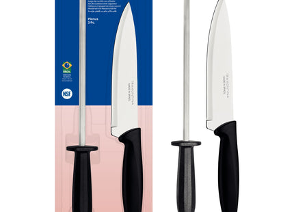 Juego de Cuchillo con Afilador Tramontina Plenus con Láminas en Acero Inoxidable y Mangos de Polipropileno Negro 2 Piezas