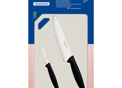 Kit para Carnes y Legumbres Tramontina Plenus con Láminas en Acero Inoxidable Mangos de Polipropileno Negro y Tabla para Cortar 3 Piezas