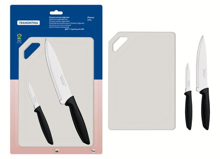 Kit para Carnes y Legumbres Tramontina Plenus con Láminas en Acero Inoxidable Mangos de Polipropileno Negro y Tabla para Cortar 3 Piezas